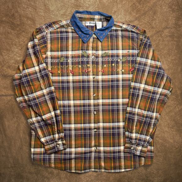 Vintage 90s VJ Woman Embroidered Foliage Flannel Plaid Shirt Denim Collar Floral - Picture 1 of 7
